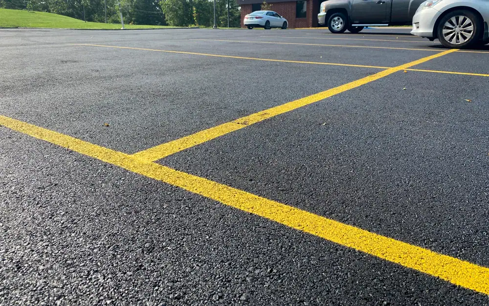 Freshly painted yellow parking lines on smooth black asphalt in an empty parking lot, with a few parked cars and trees in the background on a sunny day.